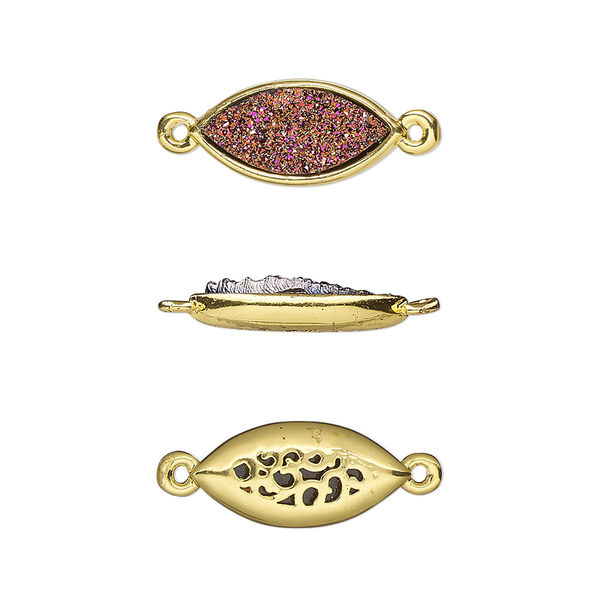 Link, Druzylite™, "druzy" (resin) and gold-finished brass, metallic purple, 16x8mm two-sided marquise with open filigree back. Sold per pkg of 4. image number 0