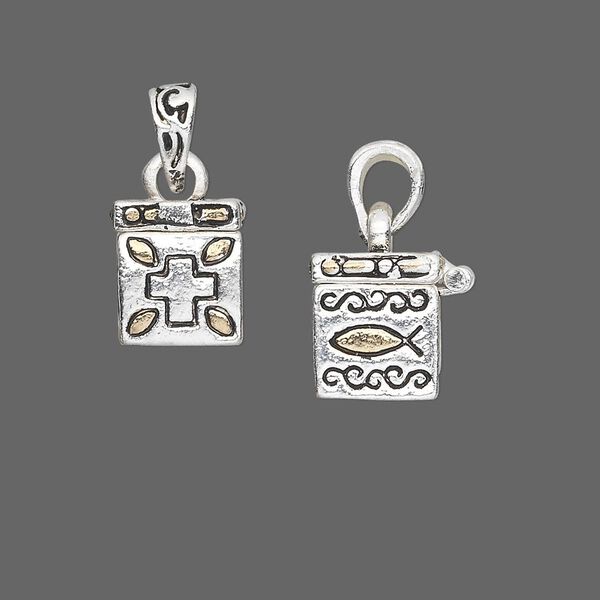 Drop, antique silver- and gold-finished "pewter" (zinc-based alloy), 13x11mm cube prayer box with assorted designs and magnetic closure. Sold individually. image number 0