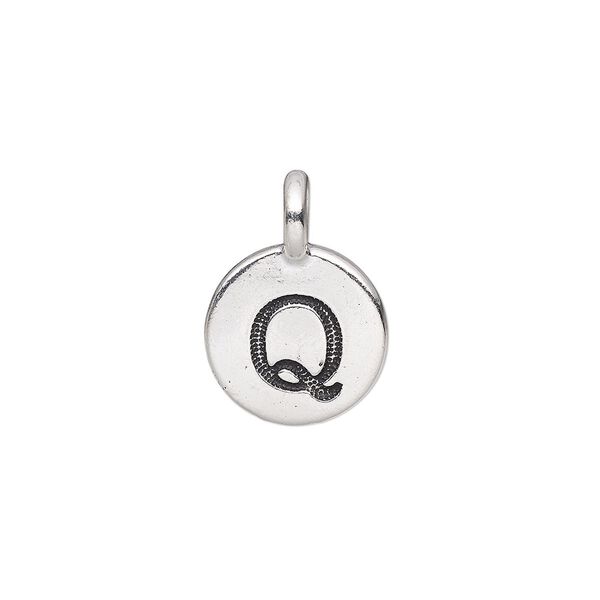 Drop, TierraCast®, antique silver-plated pewter (tin-based alloy), 11.5mm single-sided round with textured alphabet letter "Q." Sold per pkg of 2. image number 0