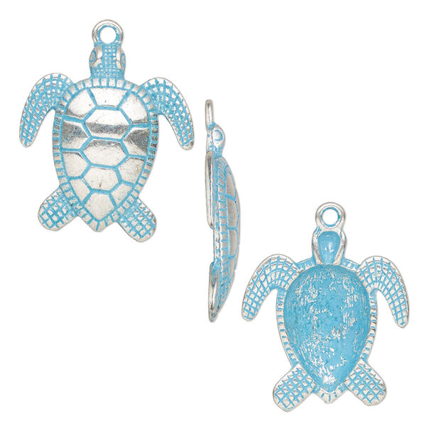 Focal, antique silver-finished pewter (tin-based alloy), blue patina, 37x33mm single-sided turtle. Sold per pkg of 2. image number 0