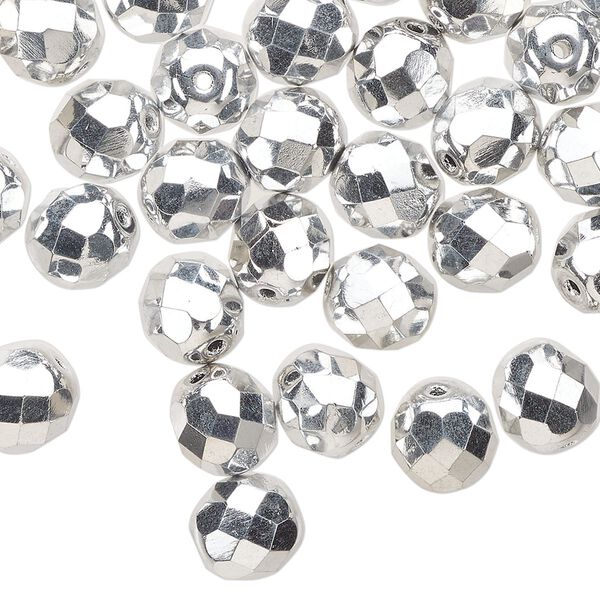 Bead 1pkg1 Czech fire-polished glass, 8mm faceted round, half-mass opaque metallic silver image number 0