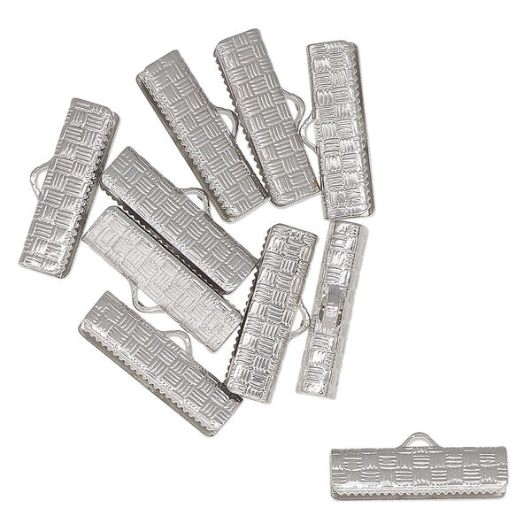 Ribbon crimp end, antique silver-finished brass, 19x7mm textured rectangle. Sold per pkg of 10. image number 0