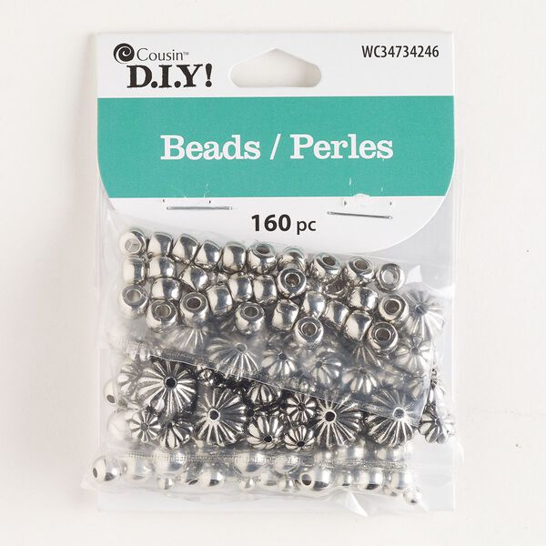 Bead mix, silver-finished copper, 3-8mm round and 6x4mm-12x8mm rondelle. Sold per pkg of 160. image number 0