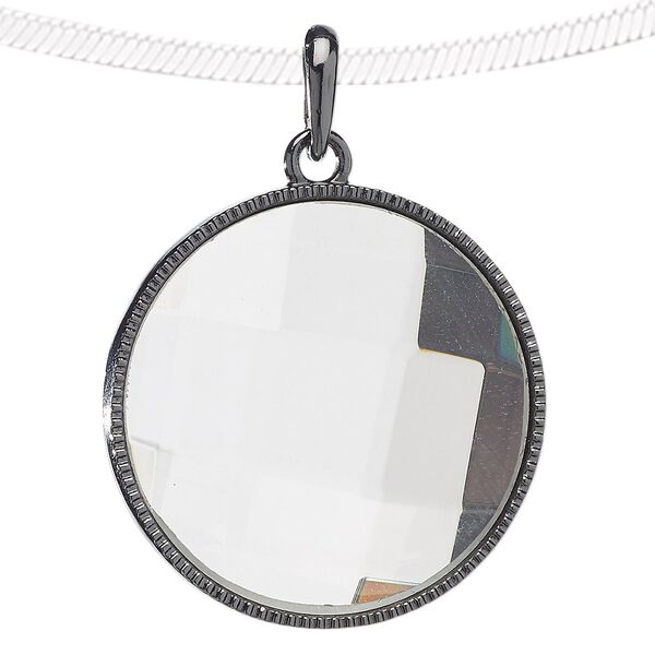 Pendant, glass and gunmetal-finished "pewter" (zinc-based alloy), clear, 38mm flat round. Sold individually. image number 0