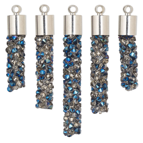 Focal, glass / resin / imitation rhodium-finished brass, metallic half-coated clear and blue, 22.5x6mm-37x6mm graduated fan stick. Sold per 5-piece set. image number 0