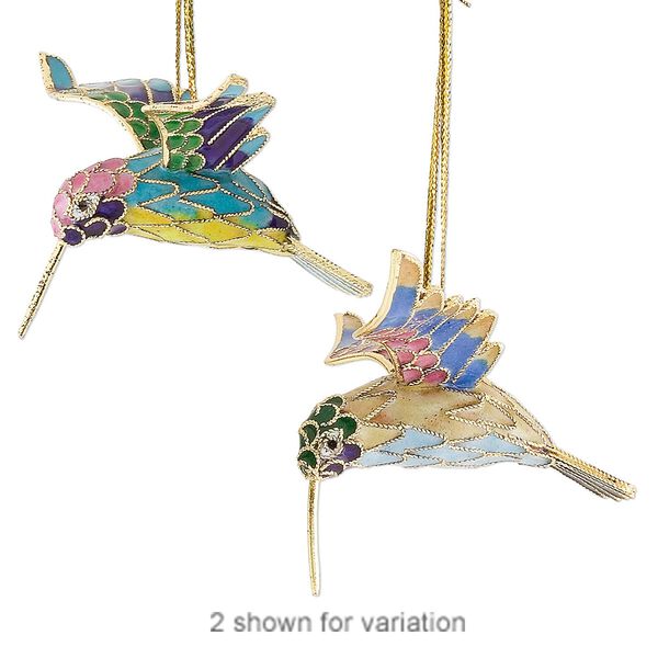 Ornament, cloisonné, enamel and gold-finished brass, multicolored, 2-3/4 x 2-1/2 x 1-1/2 inch hummingbird. Sold individually. image number 0