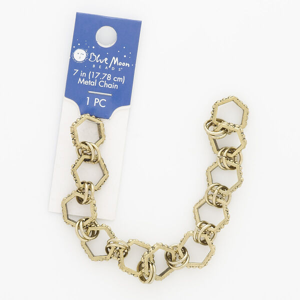Chain, antique gold-finished steel and "pewter" (zinc-based alloy), 14mm beaded hexagon, 7 inches. Sold individually. image number 0