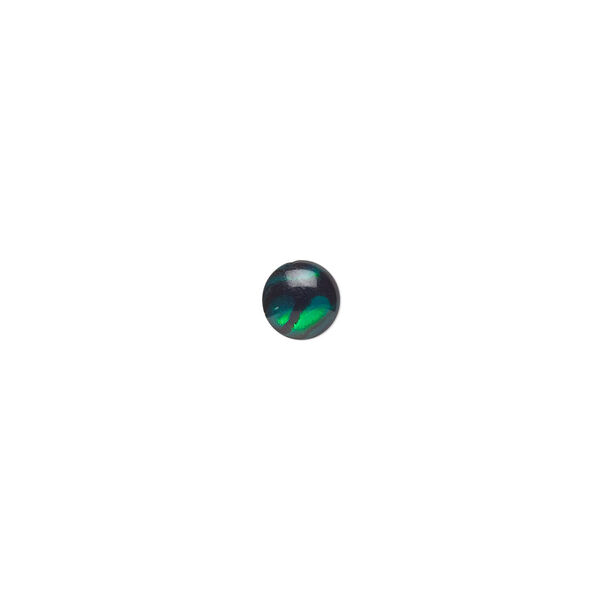 Cabochon, paua shell (dyed / coated), green, 6mm calibrated round, Mohs hardness 3-1/2. Sold per pkg of 10. image number 0