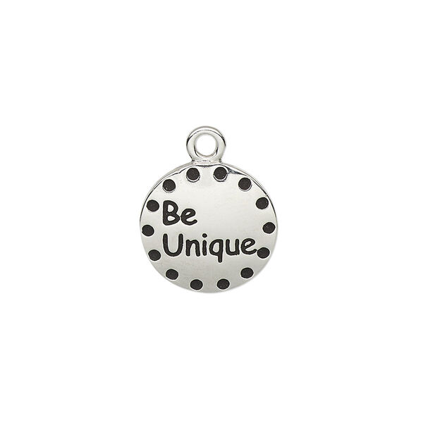 Drop, enamel and imitation rhodium-plated "pewter" (zinc-based alloy), black, 14.5mm single-sided round with "Be Unique." Sold individually. image number 0