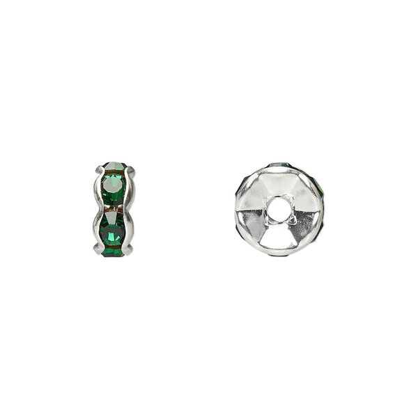 Bead, glass rhinestone and silver-plated brass, emerald green, 8x4mm rondelle. Sold per pkg of 10. image number 0