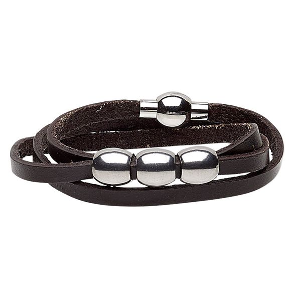 Bracelet, 3-strand wrap, leather (dyed) and stainless steel, dark brown, 10mm wide with 10mm barrel, 6 inches with magnetic clasp. Sold individually. image number 0