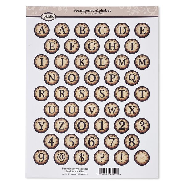 Crafting paper, piddix, matte brown and black, 11 x 8-1/2 inches with (50) 1-inch single-sided circle and "Steampunk Alphabet" patterns. Sold individually. image number 0