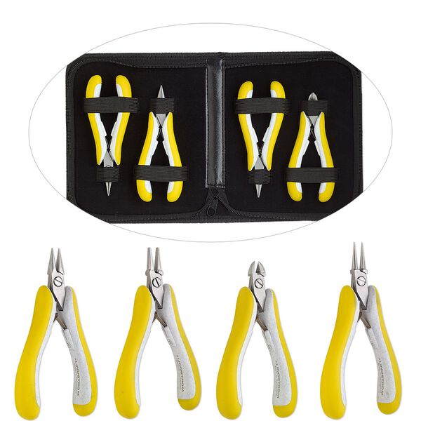 Pliers set, Lindstrom® EX series, flush-cutters / flat-nose / round-nose / chain-nose, steel / rubber / plastic, yellow and grey, 5 to 5-1/4 inches. Sold per 4-piece set. image number 0
