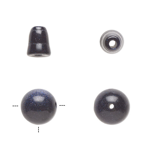 Bead, blue goldstone (glass) (man-made), 9x7mm cone and 10mm T-drilled round. Sold per pkg of (2) 2-piece sets. image number 0
