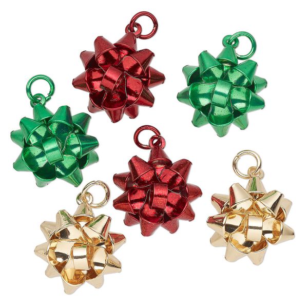 Charm, steel and paint, red / green / gold, 16.5mm bow. Sold per pkg of 6. image number 0
