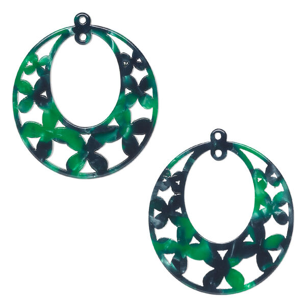 Focal, resin, green and dark green, 40x38mm oval go-go with flowers and loop. Sold per pkg of 2. image number 0