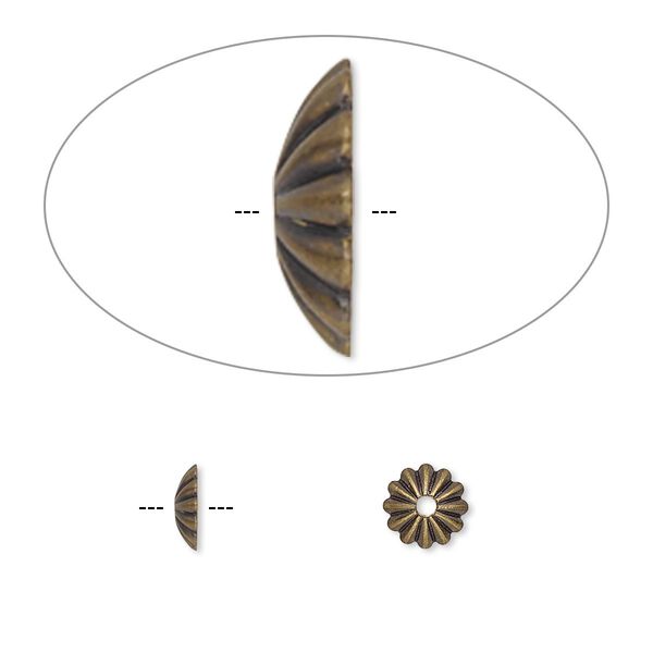 Bead cap, antique gold-plated brass, 6x1.5mm ribbed round, fits 6-8mm bead. Sold per pkg of 100. image number 0