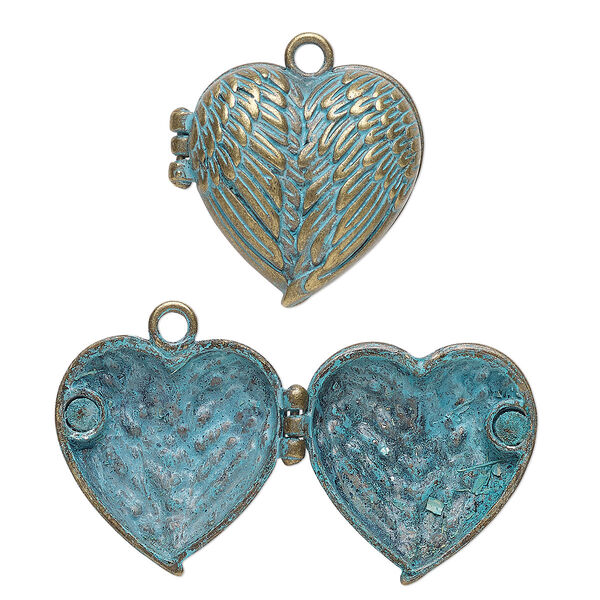 Focal, antique brass-finished "pewter" (zinc-based alloy), green patina, 31x30mm double-sided hinged heart locket with angel wing and magnetic closure. Sold individually. image number 0