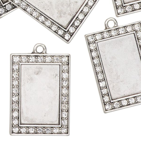 Drop, antique silver-finished "pewter" (zinc-based alloy) and glass, clear, 26x19mm rectangle with 18.5x12mm rectangle setting. Sold per pkg of 6. image number 0