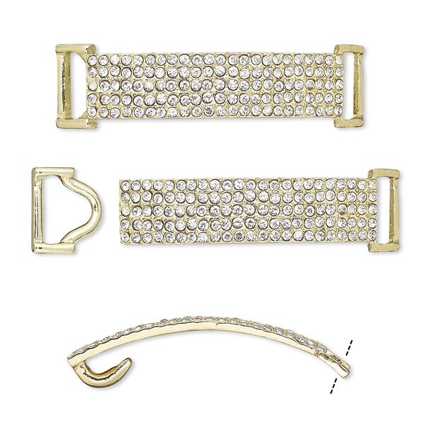Clasp, hook-and-eye, glass rhinestone and gold-finished "pewter" (zinc-based alloy), clear, 49x13mm single-sided curved rectangle, 10x3.5mm inside diameter. Sold per 2-piece set. image number 0