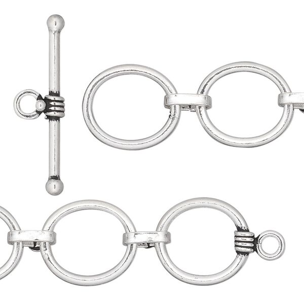Clasp, toggle, antiqued sterling silver, 13x11mm with oval 4-ring extender. Sold individually. image number 0