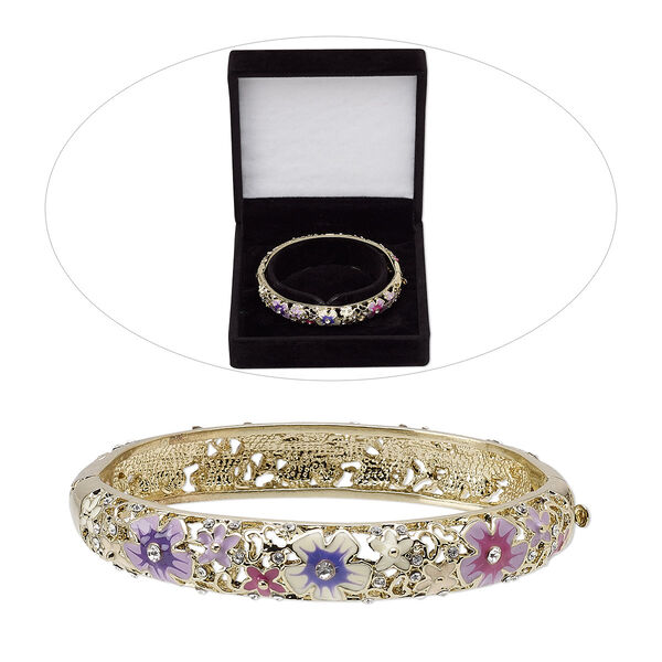 Bracelet, bangle, enamel / Czech glass rhinestone / gold-finished "pewter" (zinc-based alloy), clear / purple / multicolored, 11mm wide with flowers, 7 inches with hinged tab clasp. Sold individually. image number 0
