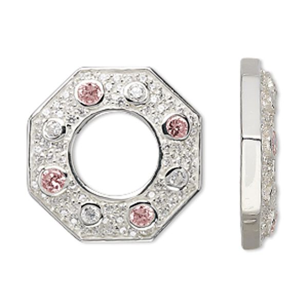 Component, cubic zirconia and sterling silver, clear and pink, 25x25mm octagonal donut. Sold individually. image number 0