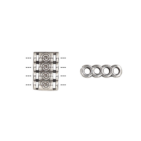 Spacer, antique silver-plated brass, 12.5x8.5mm double-sided 4-strand quadruple round tube with raised swirl design, fits up to 2mm bead. Sold individually. image number 0