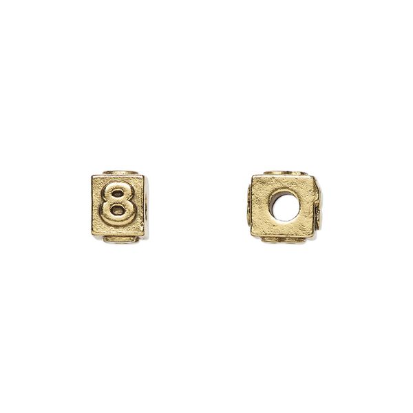 Bead, antique gold-plated pewter (tin-based alloy), 8x6mm rectangle with number "8." Sold per pkg of 4. image number 0