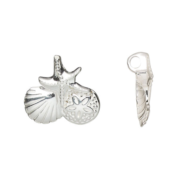 Pendant, sterling silver, 19x18.5mm single-sided with starfish / clam shell / sand dollar design. Sold individually. image number 0