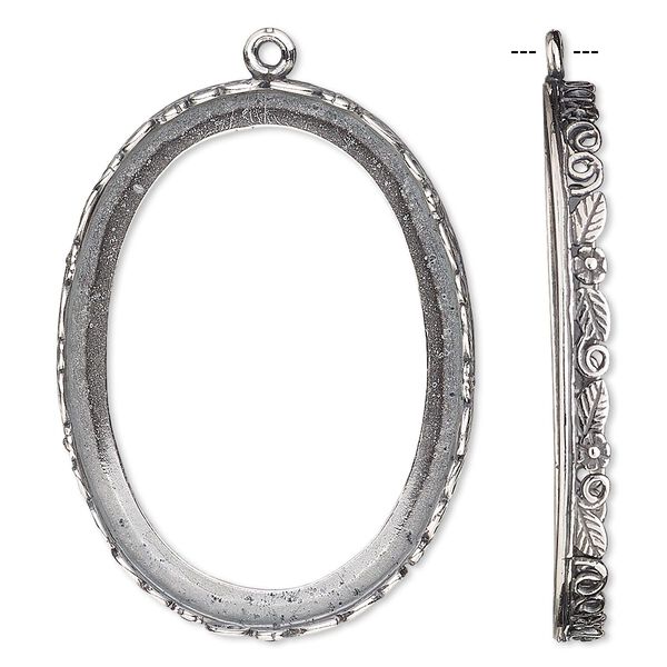 Focal, JBB Findings, antique silver-plated brass, 42x32mm oval with open back and flower and leaf design trim, 40x30mm oval bezel setting. Sold individually. image number 0