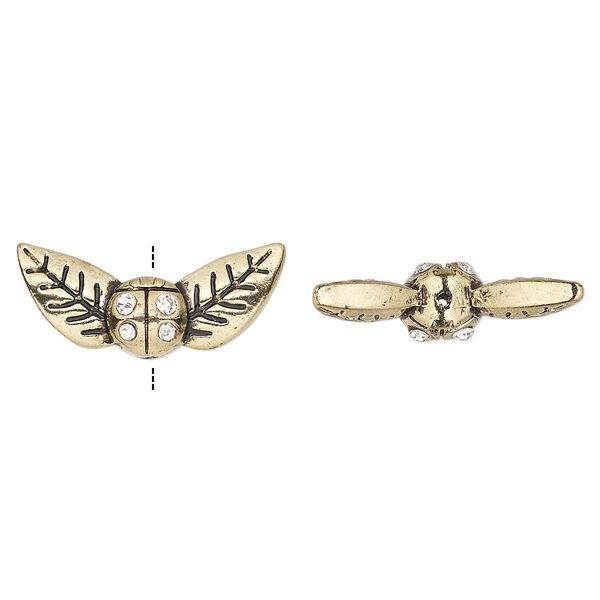 Bead, glass rhinestone and antique gold-finished "pewter" (zinc-based alloy), clear, 23x10mm leaves with ladybug. Sold per pkg of 4. image number 0