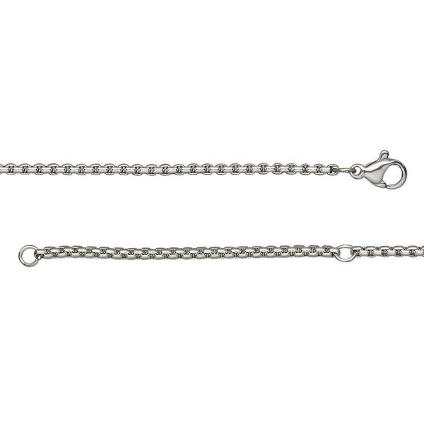Chain, stainless steel, 2mm square rolo, wearable at 18 and 20 inches with lobster claw clasp. Sold individually. image number 0