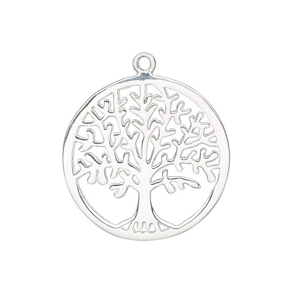 Drop, sterling silver, 25mm double-sided flat round with cutout tree of life. Sold individually. image number 0