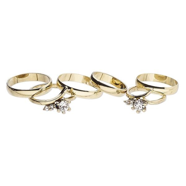 Ring mix, glass rhinestone and gold-finished brass, clear, 4mm and 12mm wide, size 5 to 12-1/2. Sold per pkg of 6. image number 0