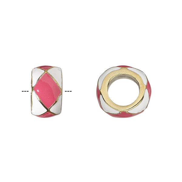 Bead, Dione®, gold-finished "pewter" (zinc-based alloy) and enamel, opaque pink and white, 13x7mm rondelle with diamond design, 7mm hole. Sold individually. image number 0