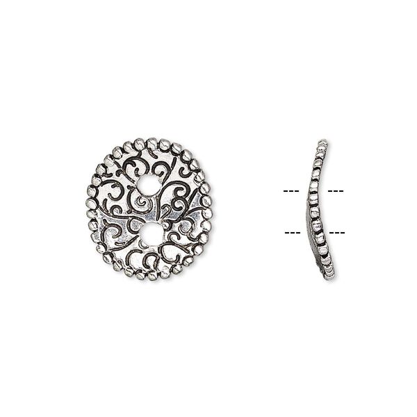 Button, antique silver-plated pewter (tin-based alloy), 15x13mm curved flat oval with swirl design and beaded edge with textured back. Sold per pkg of 2. image number 0
