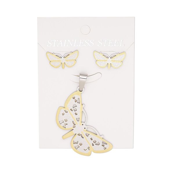 Pendant and earring, stainless steel and gold-finished stainless steel, 46x22mm butterfly pendant and 20x11mm butterfly with post. Sold per set. image number 0