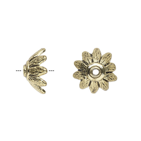 Bead cap, antique gold-finished "pewter" (zinc-based alloy), 14x7mm flower petal, fits 12-16mm bead. Sold per pkg of 20. image number 0