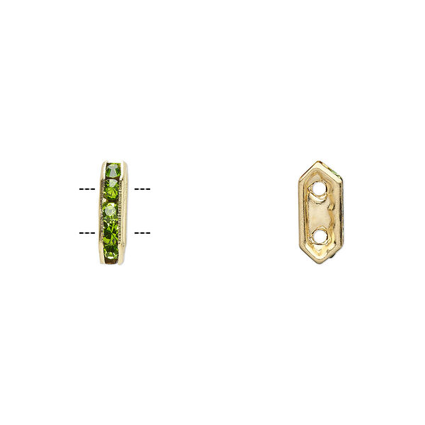 Spacer, glass rhinestone and gold-finished brass, peridot green, 11x2.5mm 2-strand bridge, fits up to 4.5mm bead. Sold per pkg of 10. image number 0