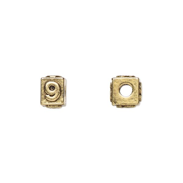 Bead, antique gold-plated pewter (tin-based alloy), 8x6mm rectangle with number "9." Sold per pkg of 4. image number 0