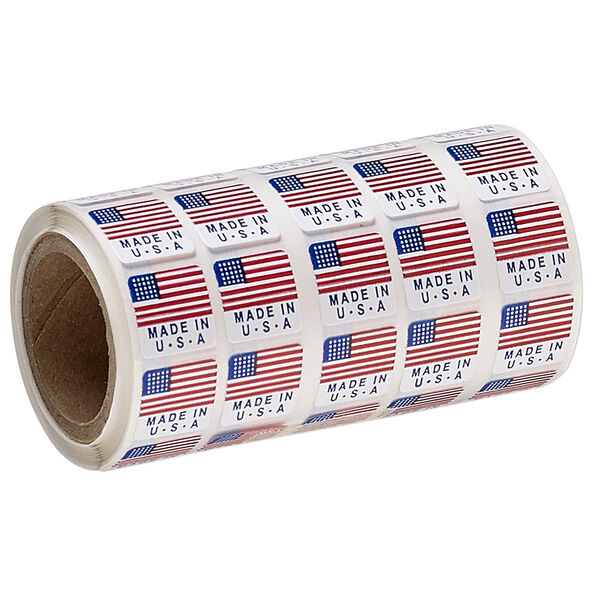 Adhesive label, paper, white / red / blue, 1/2 inch square with USA flag and "MADE IN USA." Sold per pkg of 50. image number 0