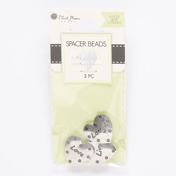 Spacer mix, antique silver-finished "pewter" (zinc-based alloy), 18mm 2-strand heart with flower design and "love," "laugh" and "live" with 3 hidden loops, fits up to 6mm bead. Sold per pkg of 3. image number 0