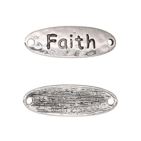 Link, antique silver-finished "pewter" (zinc-based alloy), 29.5x10mm single-sided curved hammered flat oval with "Faith." Sold per pkg of 2. image number 0