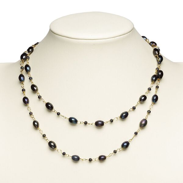 Necklace, glass and gold-finished brass, rainbow black, 38-inch continuous loop. Sold individually. image number 0