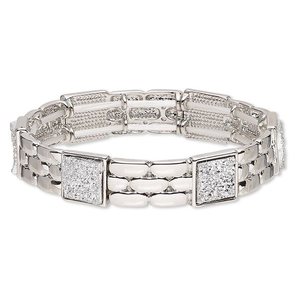 Bracelet, stretch, druzy (imitation) with silver-plated brass and "pewter" (zinc-based alloy), smoke, 13mm wide, 6-1/2 to 7 inches. Sold individually. image number 0