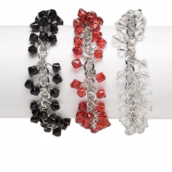 Bracelet, glass and imitation rhodium-plated steel, clear / red / black, 6mm bicone, 8 inches with lobster claw clasp. Sold per pkg of 3. image number 0