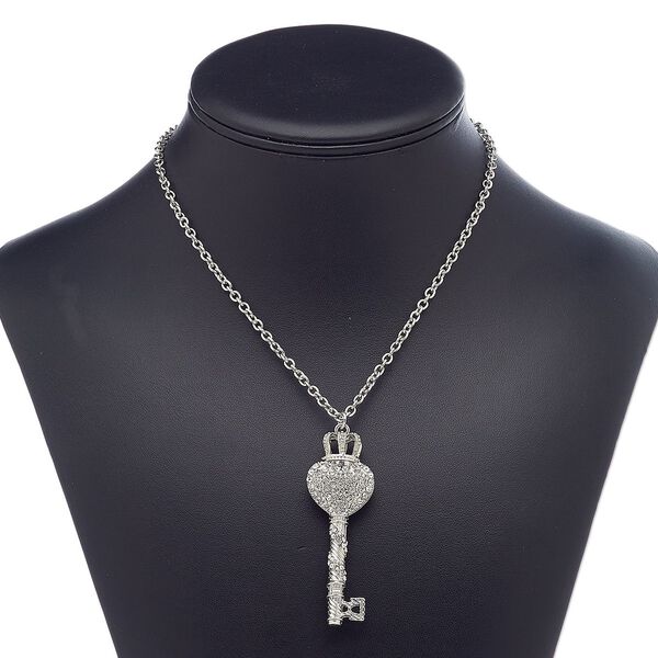 Necklace, glass rhinestone with imitation rhodium-plated steel and "pewter" (zinc-based alloy), clear, 64x21mm heart key with crown, 24 inches with lobster claw clasp. Sold individually. image number 0