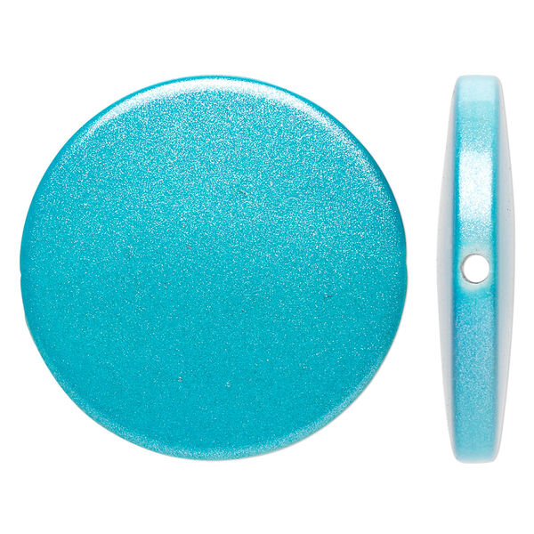 Bead, acrylic, pearlized turquoise blue, 32mm flat round. Sold per pkg of 20. image number 0