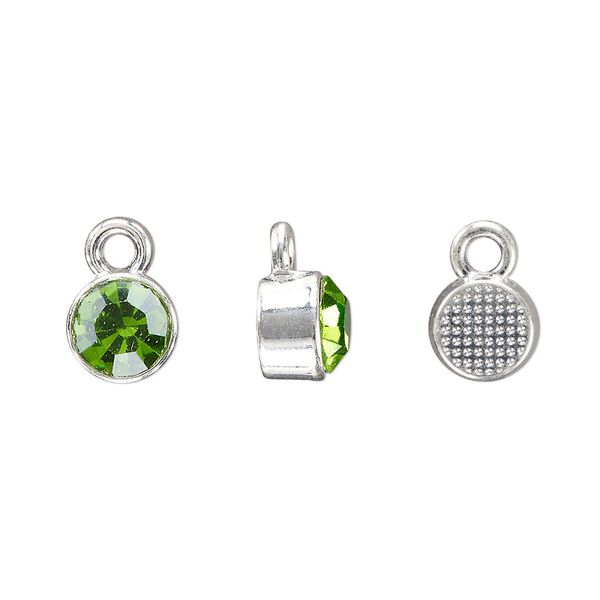 Drop, silver-finished "pewter" (zinc-based alloy) and glass rhinestone, peridot green, 8mm faceted round, August birthstone. Sold per pkg of 4. image number 0